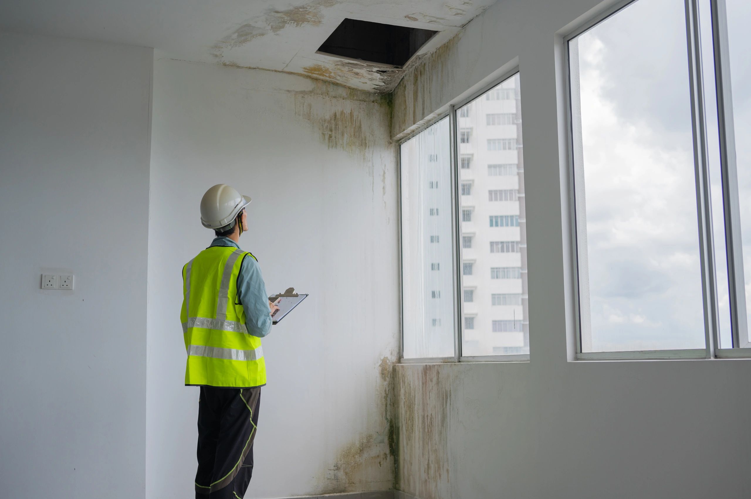 Inspector examining ceiling water damage in a building.